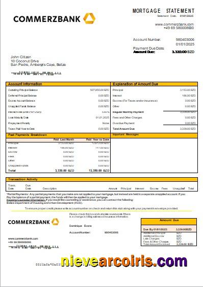 Belize Commerzbank bank mortgage statement